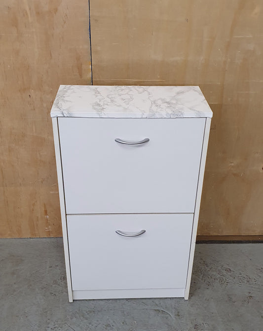 2 Drawer White Wood Shoe Storage with Marble Paper Lined Top Surface - EL104004