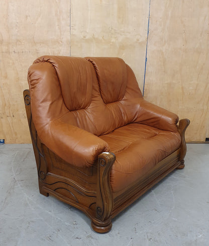 Brown Leather 2 Seater Sofa with Decorative Wooden Frame - 103093