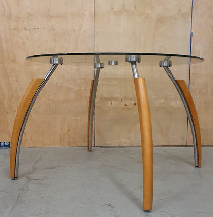 Round Glass Dining Table with Wooden Edge Chrome Curved Feet  - 104680