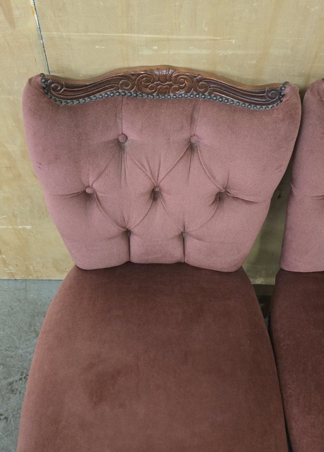 2 Matching Vintage Burgundy Velvet Slipper Chairs with Engraved Cabriole Feet - 140925-01