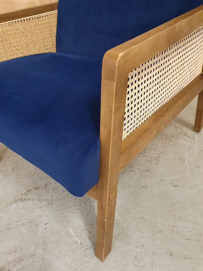 Blue Velvet Accent Armchair with Rattan Sides - 104941