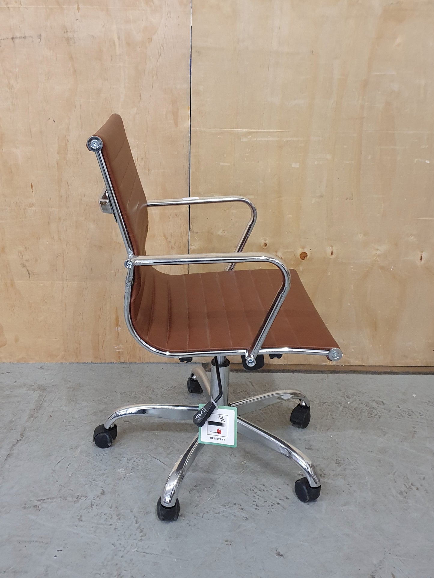 Brown Faux Leather and Chrome Office Chair on Castor Wheels - RN103184