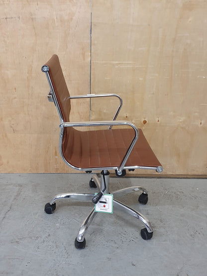 Brown Faux Leather and Chrome Office Chair on Castor Wheels - RN103184