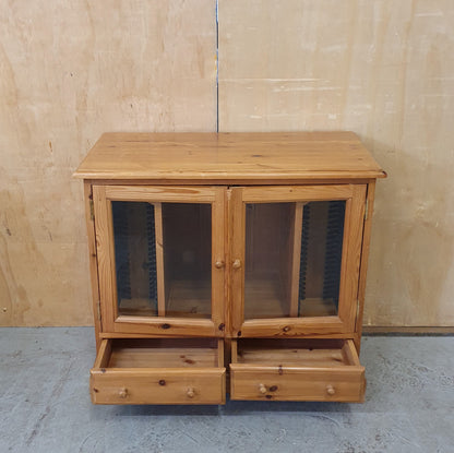 Small Glass Door Pine Cabinet with Drawers and Built In CD Racks - EL104074
