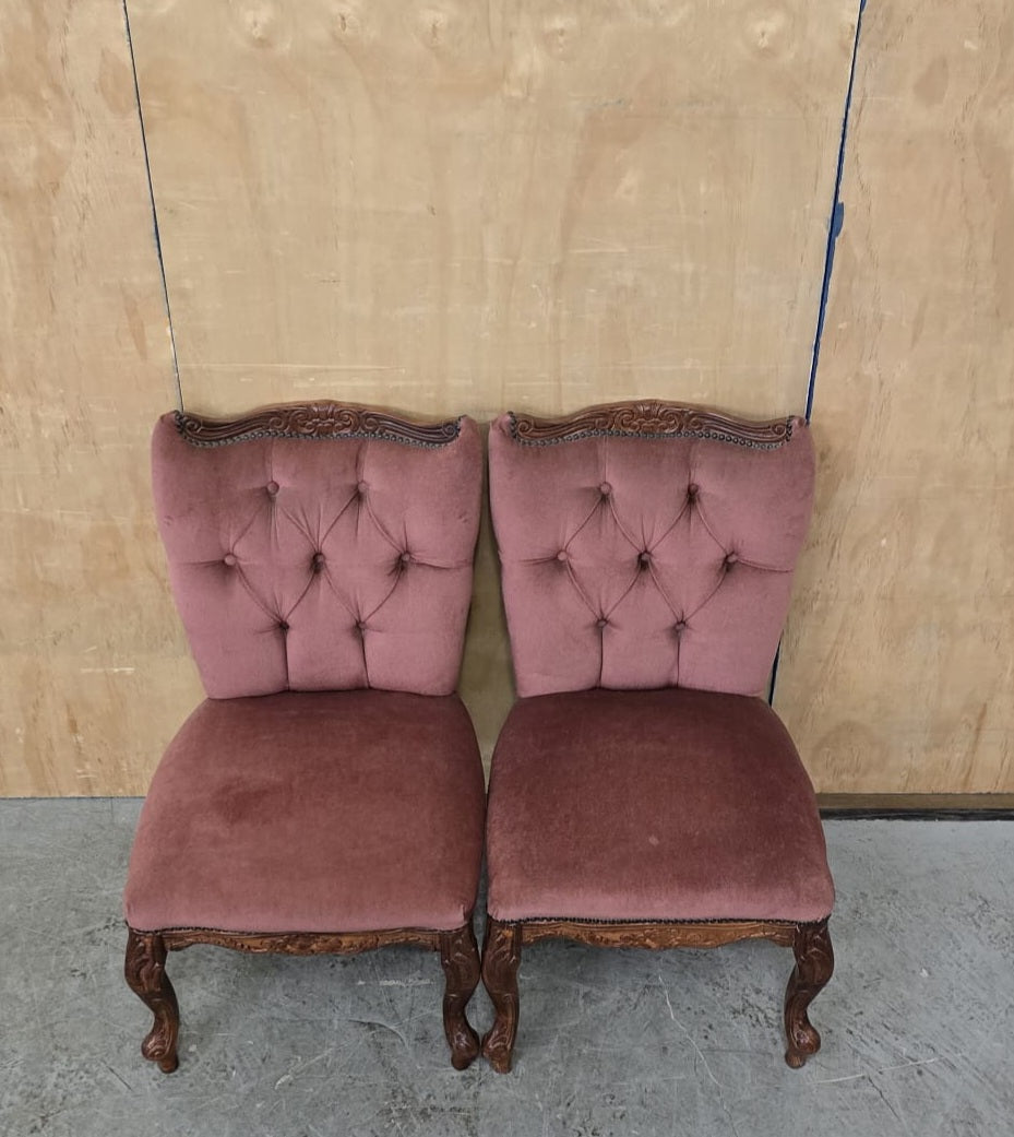 2 Matching Vintage Burgundy Velvet Slipper Chairs with Engraved Cabriole Feet - 140925-01