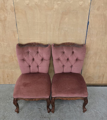 2 Matching Vintage Burgundy Velvet Slipper Chairs with Engraved Cabriole Feet - 140925-01
