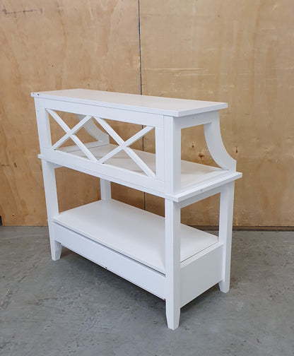 Small White Wood 2 tier Cabinet with 1 Drawer and Criss-Cross Back - 130825-07