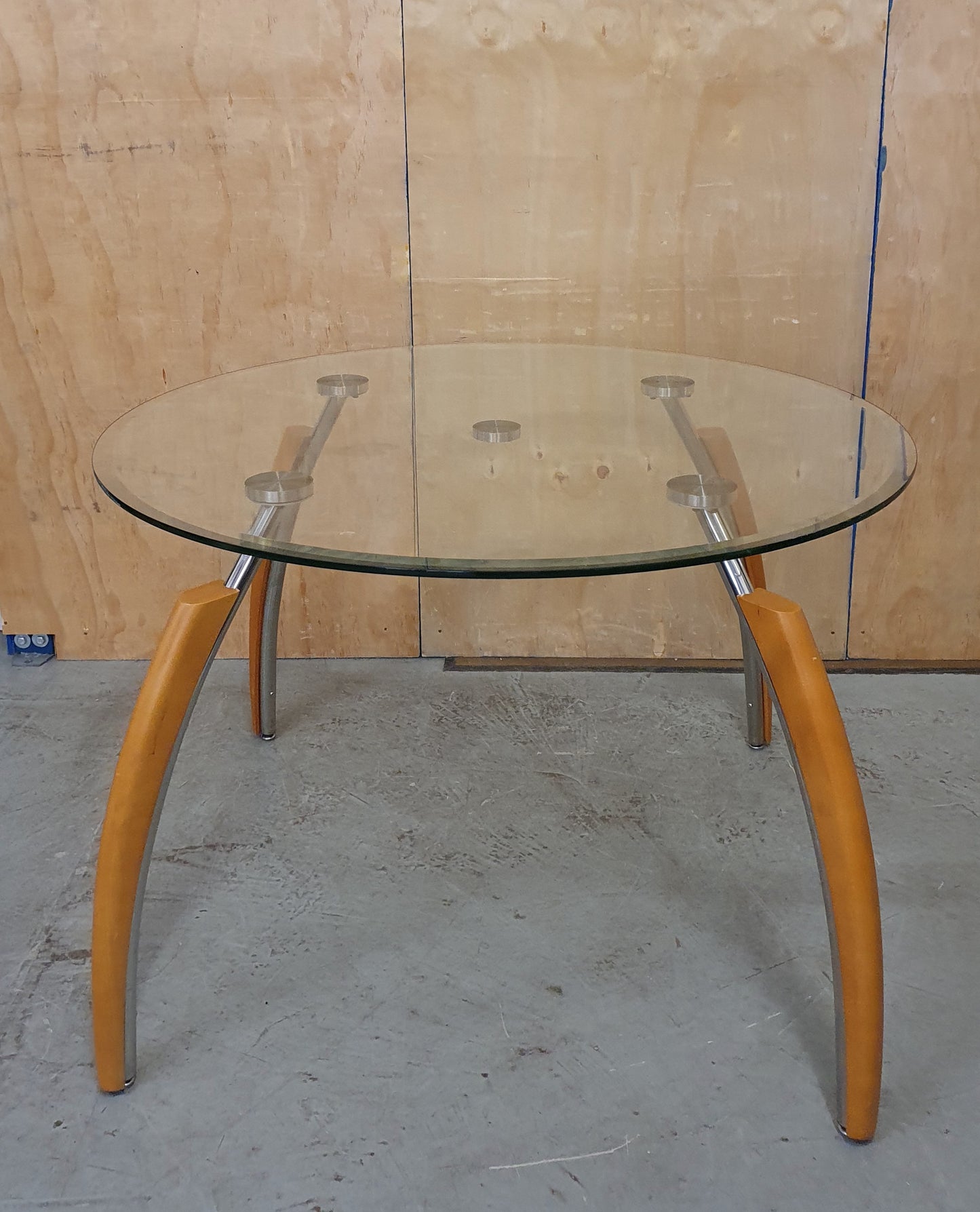 Round Glass Dining Table with Wooden Edge Chrome Curved Feet  - 104680