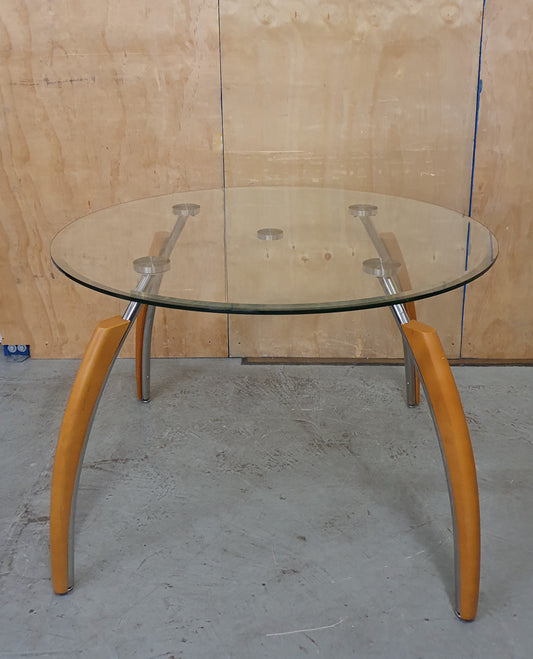 Round Glass Dining Table with Wooden Edge Chrome Curved Feet  - 104680