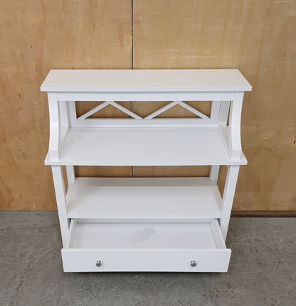 Small White Wood 2 tier Cabinet with 1 Drawer and Criss-Cross Back - 130825-07
