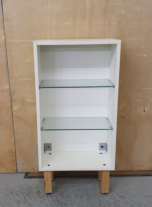 Small White Shelving Unit with Wooden Block Feet and 2 Glass Shelves - 070924-01