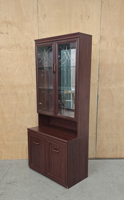 Dark Stained Wood Glass Door Cabinet in Two Sections - 104742