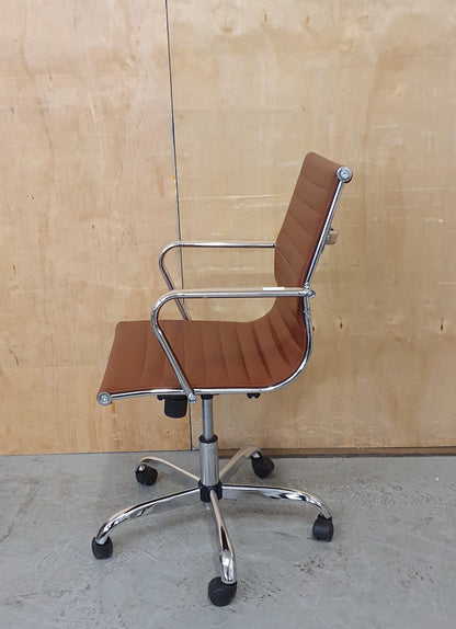 Brown Faux Leather and Chrome Office Chair on Castor Wheels - RN103186