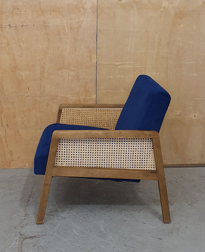 Blue Velvet Accent Armchair with Rattan Sides - 104941