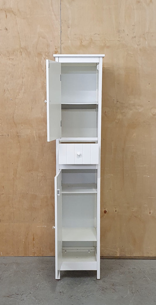 Tall White Wood Cabinet with 2 Doors and 1 Central Drawer - 270925-01