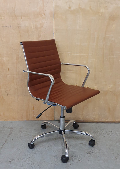 Brown Faux Leather and Chrome Office Chair on Castor Wheels - RN103186