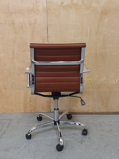 Brown Faux Leather and Chrome Office Chair on Castor Wheels - RN103186