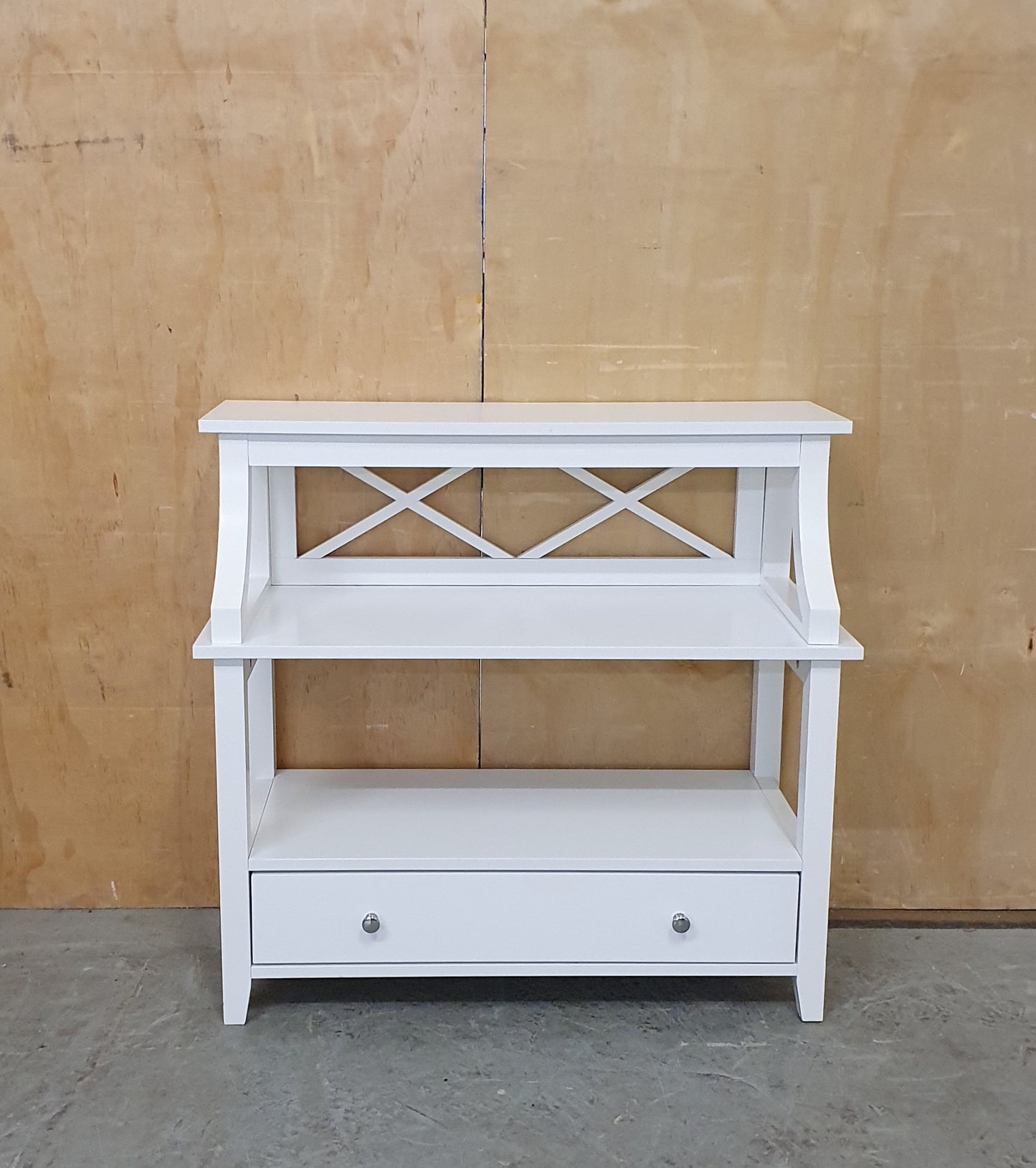 Small White Wood 2 tier Cabinet with 1 Drawer and Criss-Cross Back - 130825-07