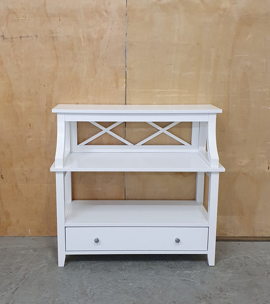 Small White Wood 2 tier Cabinet with 1 Drawer and Criss-Cross Back - 130825-07