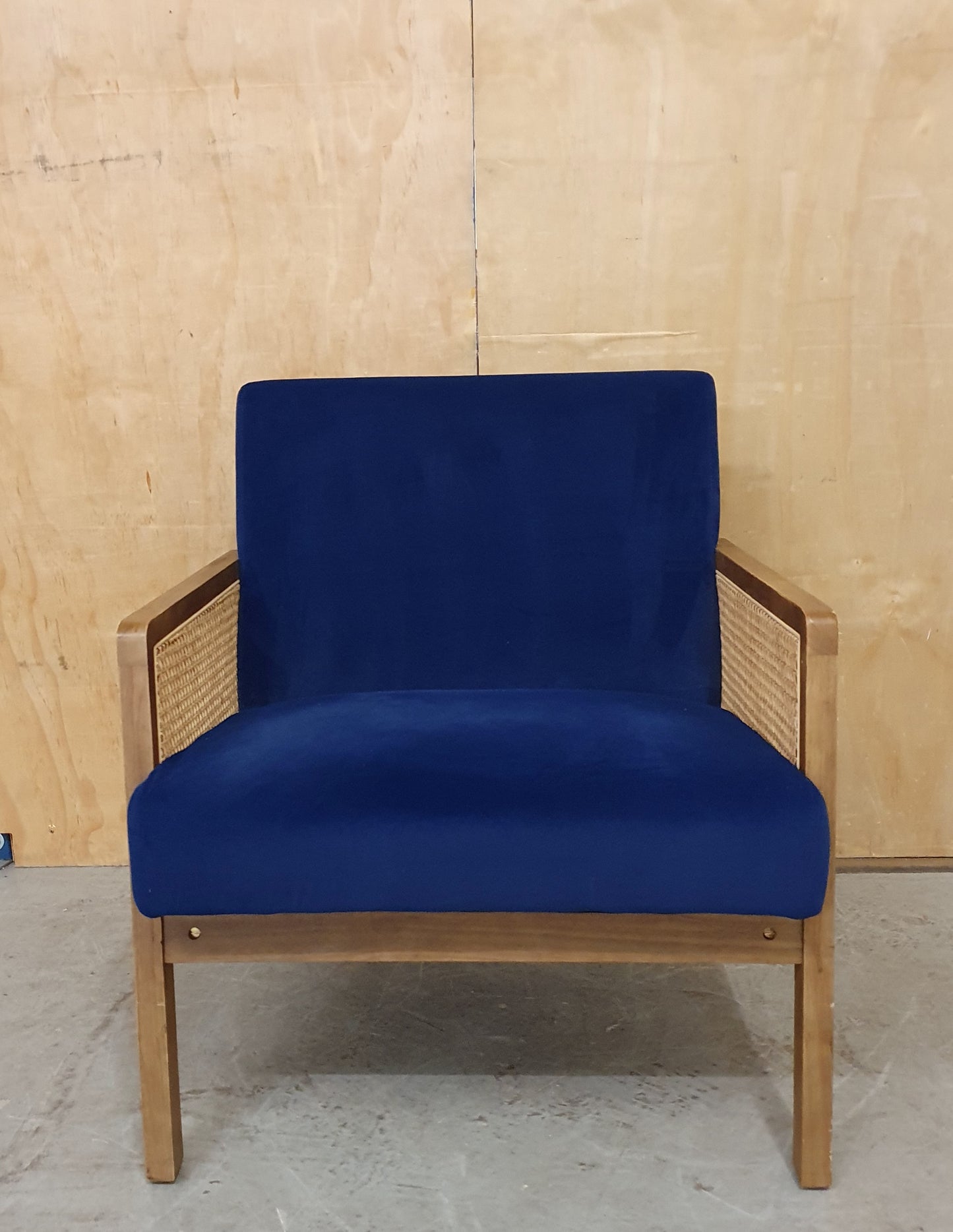 Blue Velvet Accent Armchair with Rattan Sides - 104941