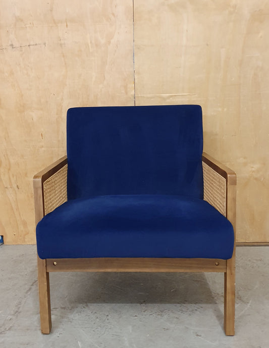 Blue Velvet Accent Armchair with Rattan Sides - 104941