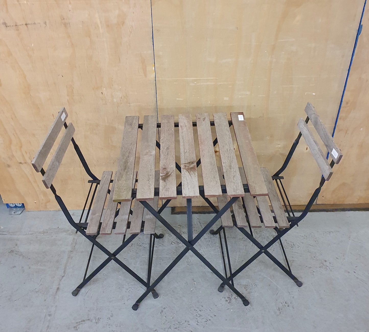 Wooden Slatted Garden Table and 2 Folding Chairs with Black Metal Frame - 103060/103061/103062