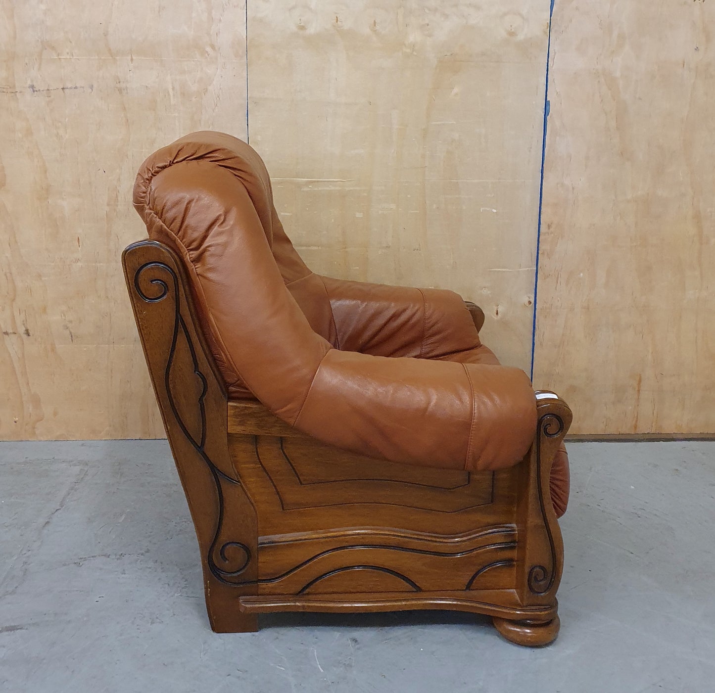 Brown Leather Armchair with Decorative Wooden Frame - 103095