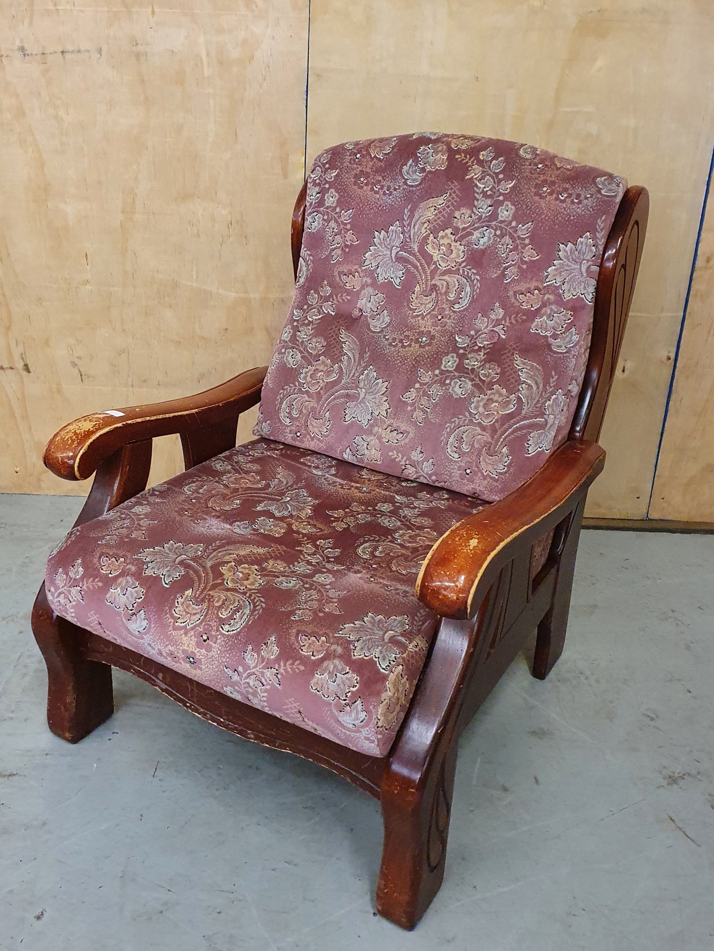 Wood Framed Burgundy Floral Fabric Armchair - 101335