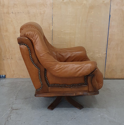 Single Brown Leather Rotating Armchair with Studded Side Detailing - 104610