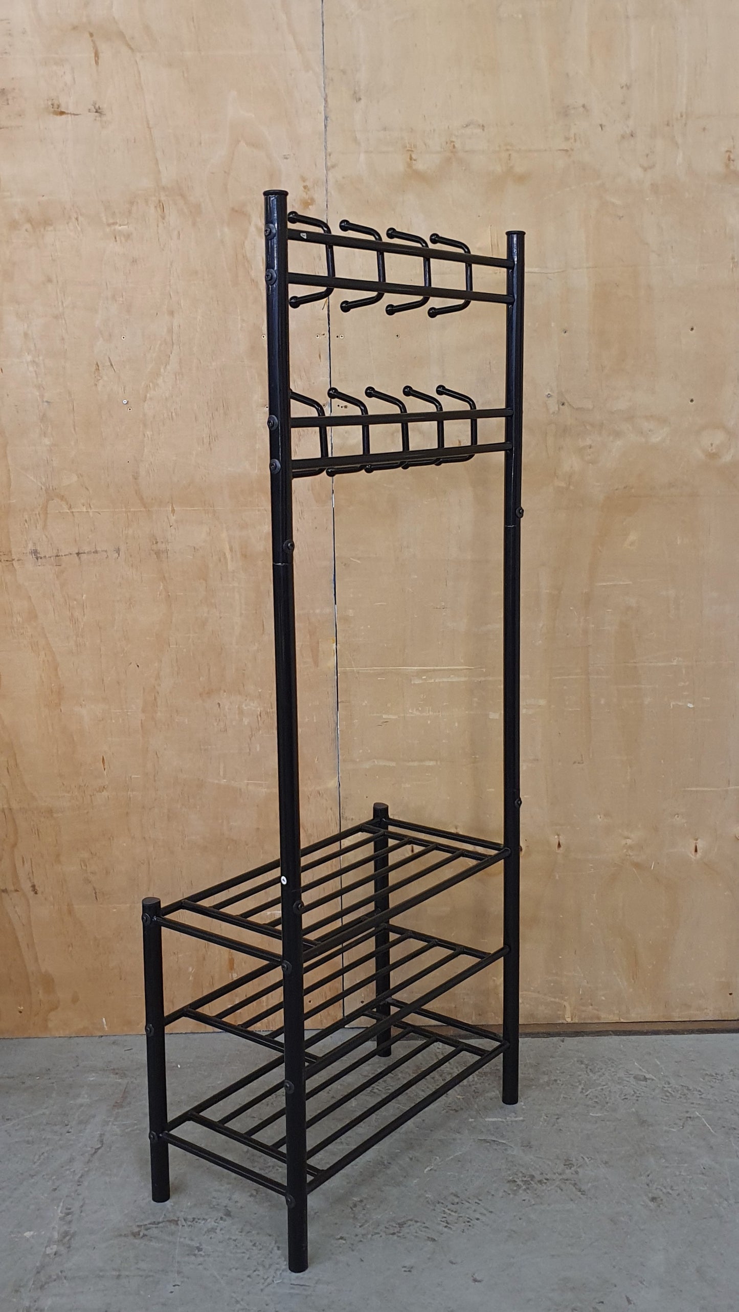 Black Metal Free Standing Coat Stand with 3 Tier Shoe Rack - EL104602