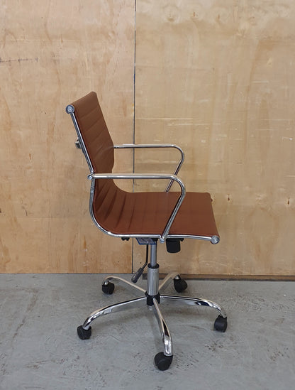 Brown Faux Leather and Chrome Office Chair on Castor Wheels - RN103186