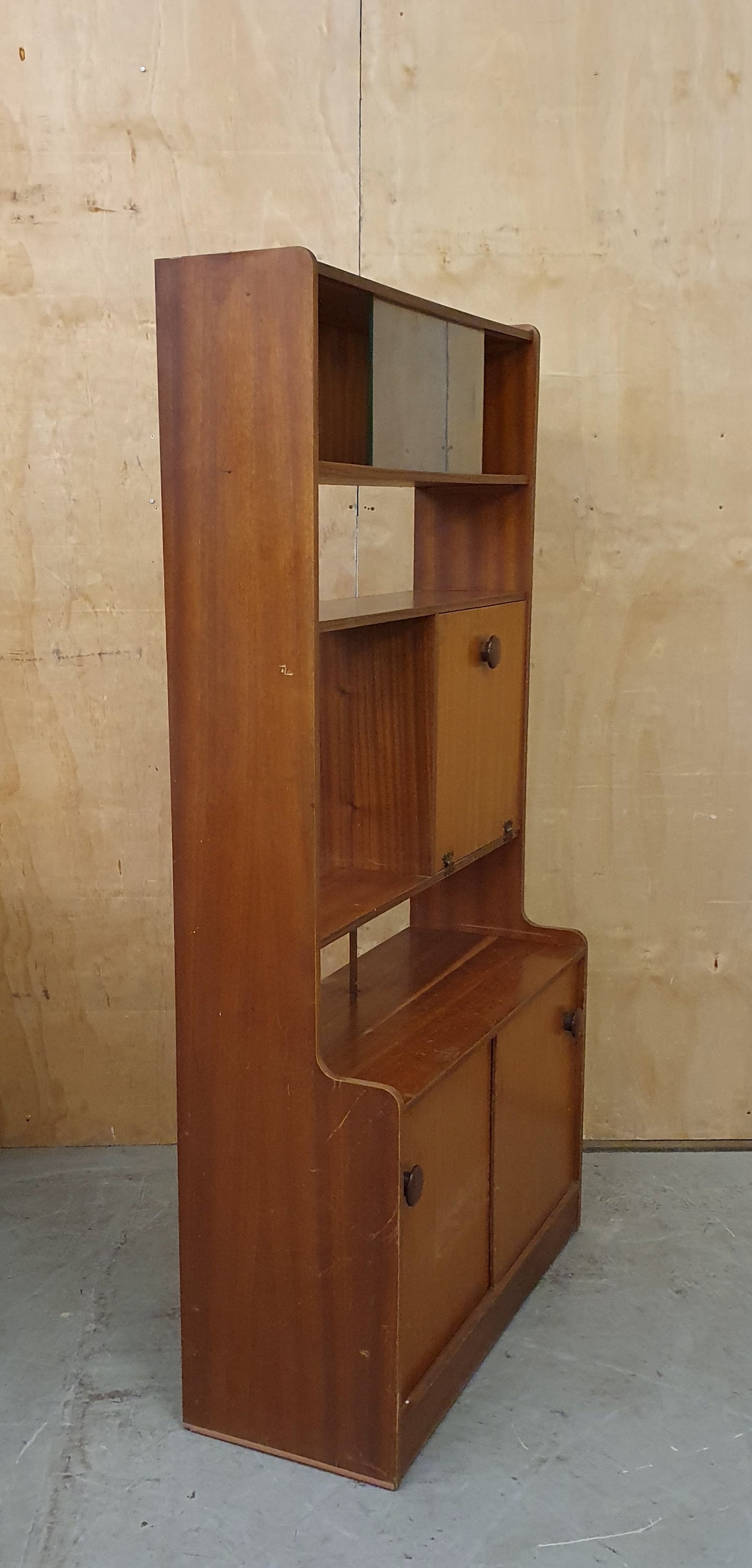 Vintage Wood Display Cabinet with Sliding Top Glass Doors Extra Storage Areas and on Wheels - 104537
