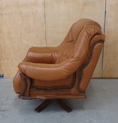 Single Brown Leather Rotating Armchair with Studded Side Detailing - 104610