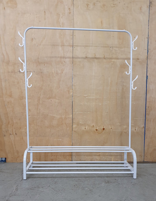 White Metal Clothing Rail with 2 Tier Shoe Rack and Additional Hooks - 280625-01