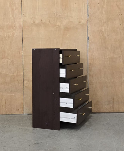 Dark Wood 5 Drawer Chest of Drawers with Gold Handles - 100925-01