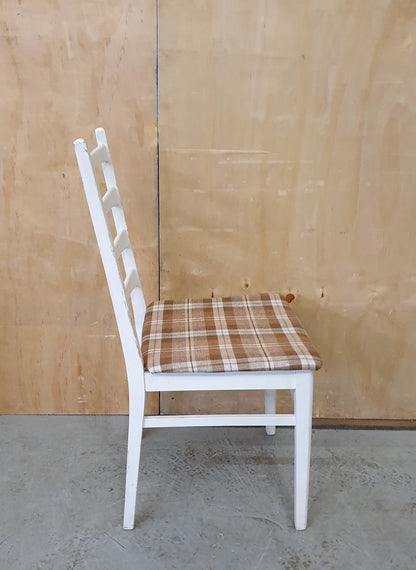 Single White Wood Dining Chair with Slatted Back Rest and Brown Check Fabric Seat Cover - EL104060