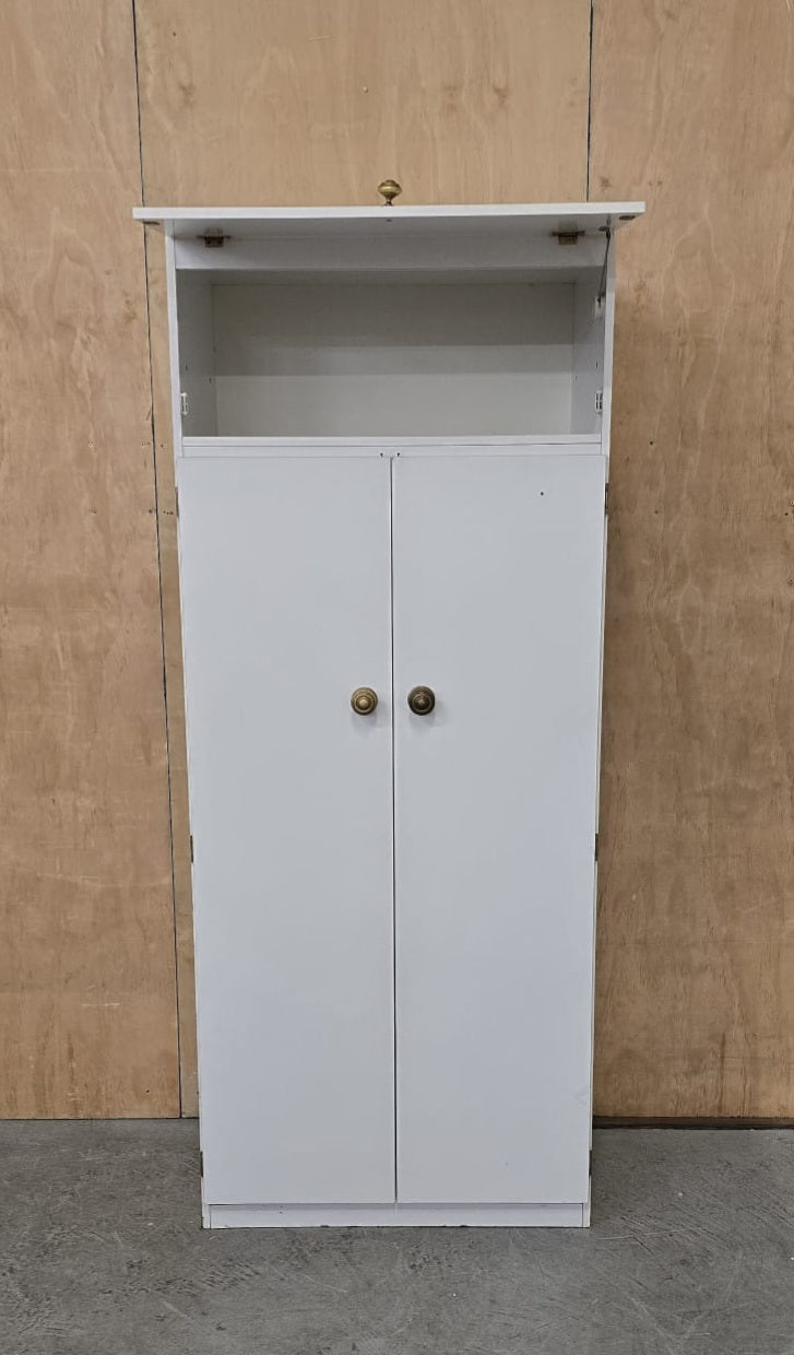 2 Door White Wood Wardrobe with Top Open Section - 110925-01