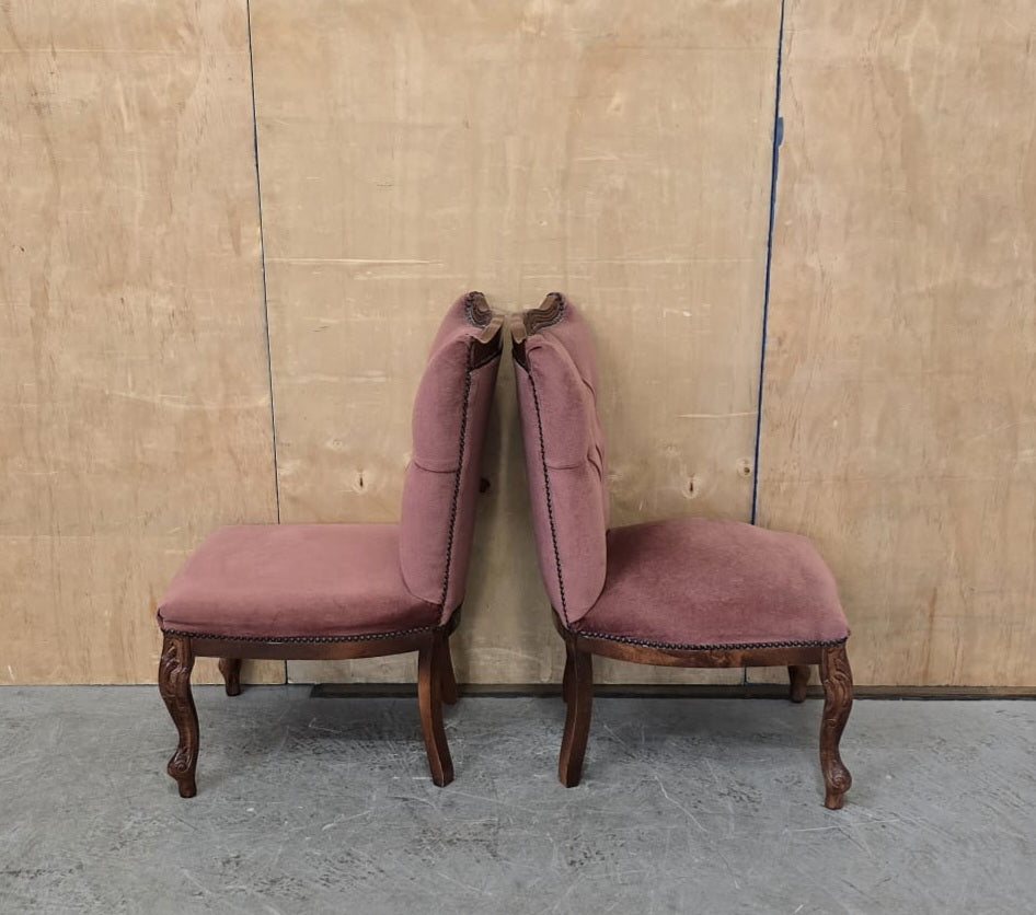 2 Matching Vintage Burgundy Velvet Slipper Chairs with Engraved Cabriole Feet - 140925-01