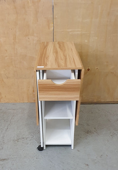 White Wood Drop Leaf Table with Lover Shelving and Castor Wheels - 103780