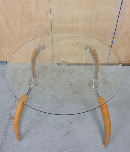 Round Glass Dining Table with Wooden Edge Chrome Curved Feet  - 104680