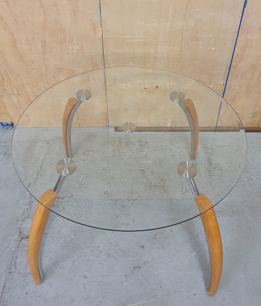 Round Glass Dining Table with Wooden Edge Chrome Curved Feet  - 104680