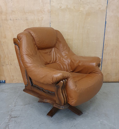 Single Brown Leather Rotating Armchair with Studded Side Detailing - 104610