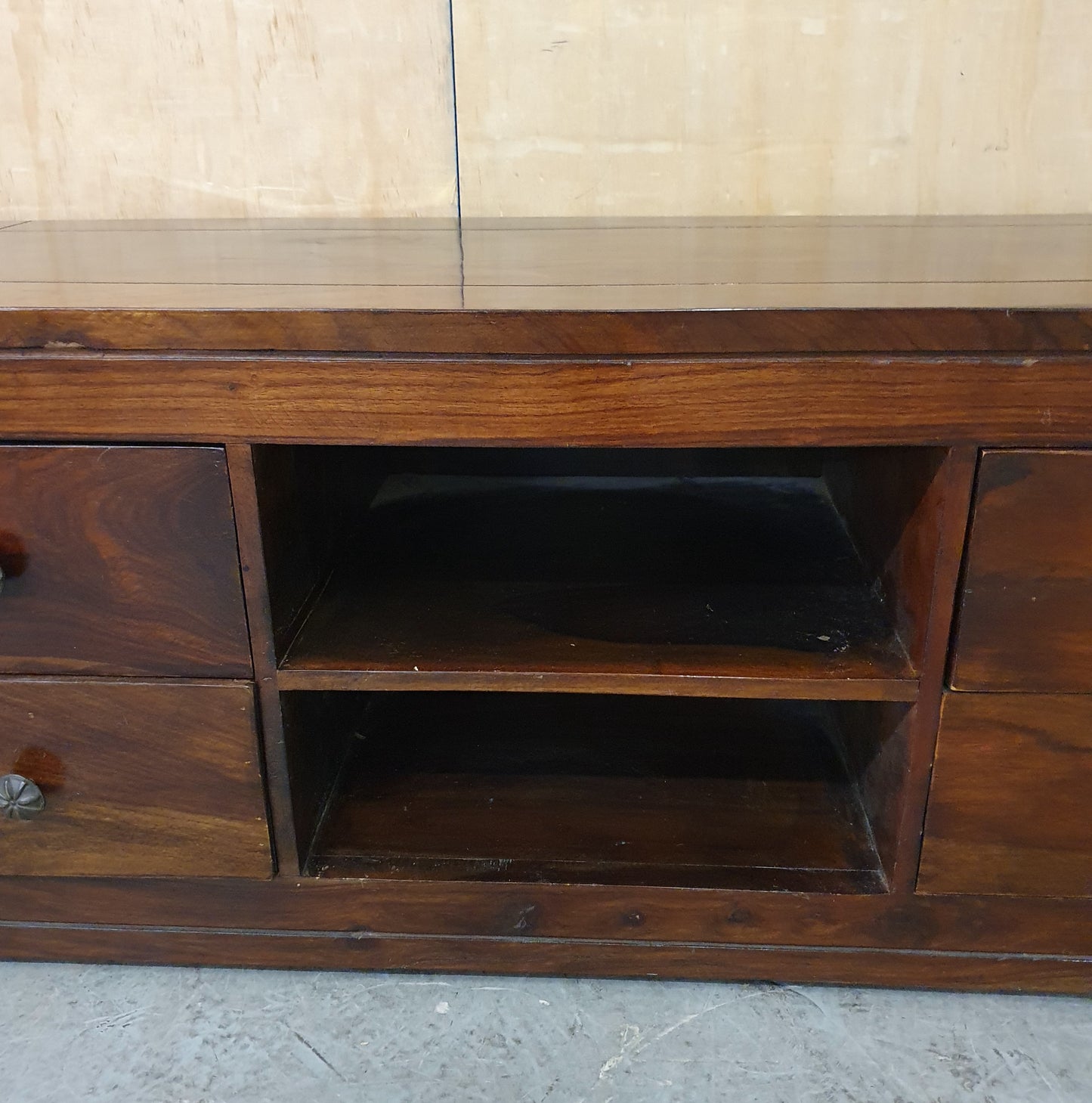 Large Dark Stained Heavy Duty Wood TV Stand with 4 Drawers and Centre Shelf - EL104592