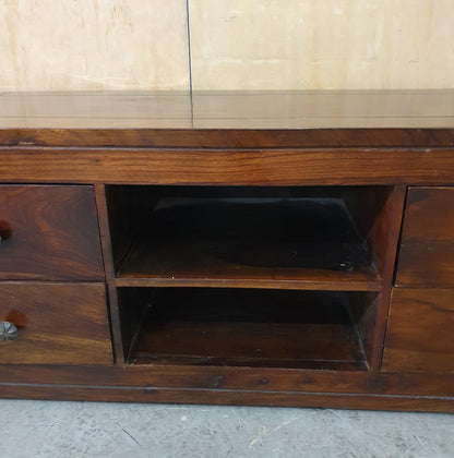 Large Dark Stained Heavy Duty Wood TV Stand with 4 Drawers and Centre Shelf - EL104592