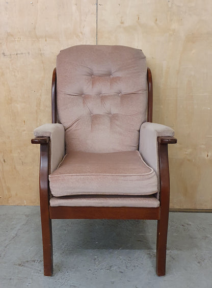 Maroon Velvet Armchair with Deep Buttoned Back Rest and Dark Wood Frame - 010825-01