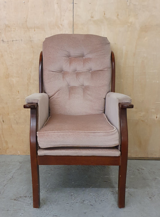 Maroon Velvet Armchair with Deep Buttoned Back Rest and Dark Wood Frame - 010825-01