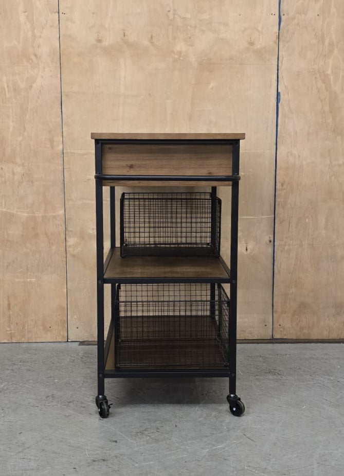 3 Tier Dark Wood / Black Metal Kitchen Trolly on Castor Wheels - 104763