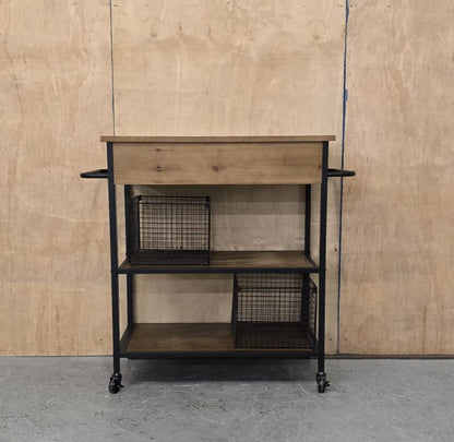 3 Tier Dark Wood / Black Metal Kitchen Trolly on Castor Wheels - 104763