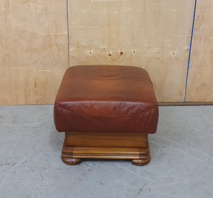 Brown Leather Footstool with Decorative Wooden Frame - 103097