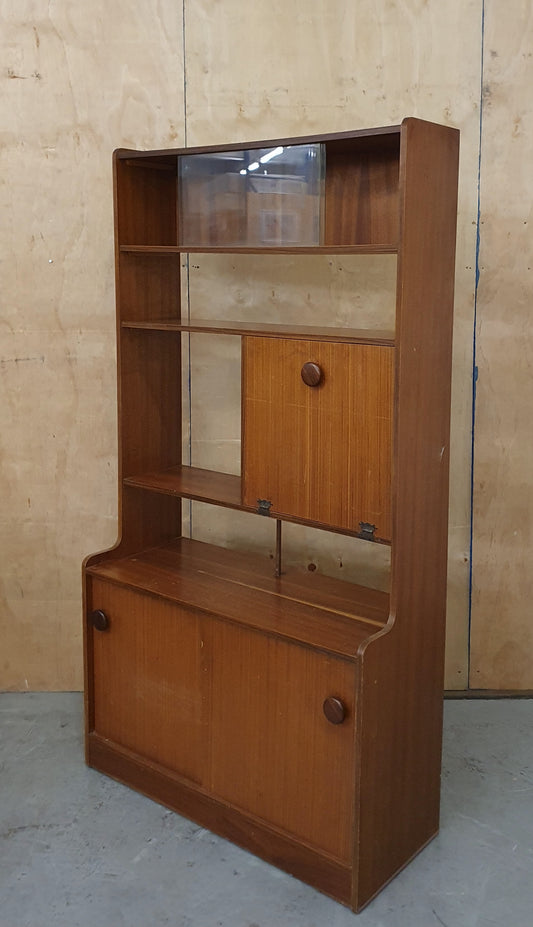 Vintage Wood Display Cabinet with Sliding Top Glass Doors Extra Storage Areas and on Wheels - 104537